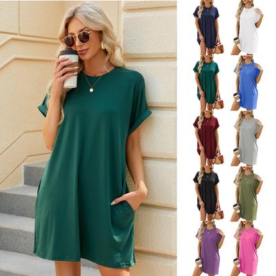 Damen Crew-Neck Kurzarm Tunika Kleid Lockerer Schnitt Mittlere Taille Elegant für Pendler Einfarbige Weiche Viskosemischung Knielang Freizeitkleid
