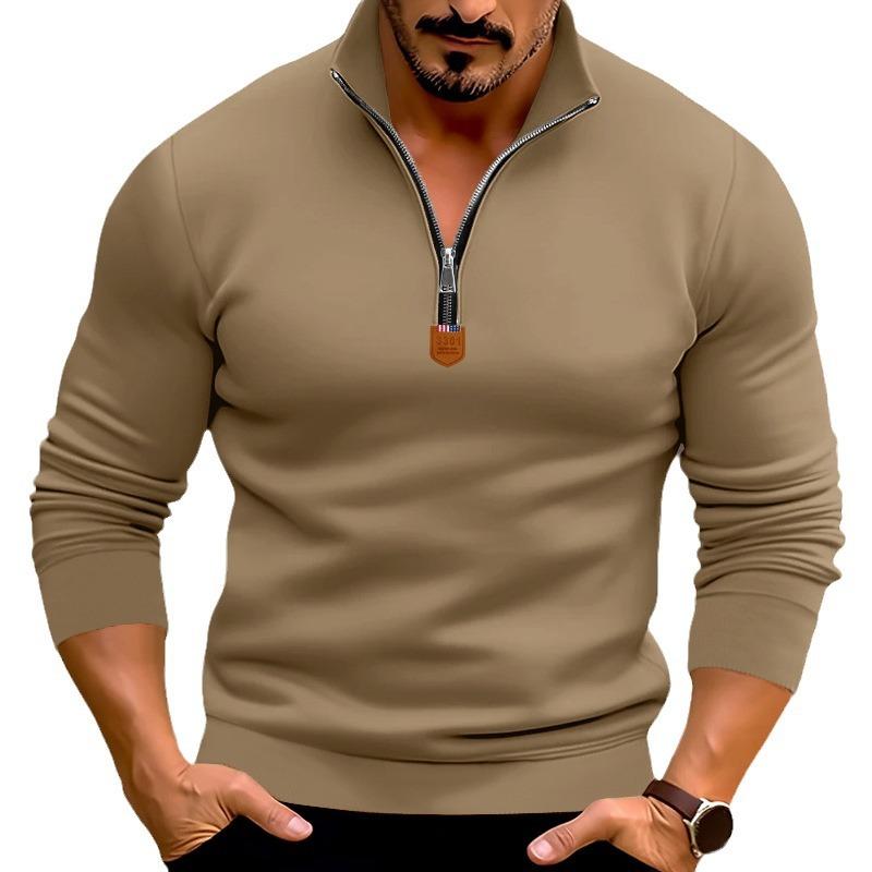 Autumn/Winter Men's Casual Fleece-Lined Solid-Colour Long-Sleeved Half-Zip Stand-Collar Sweatshirt Top