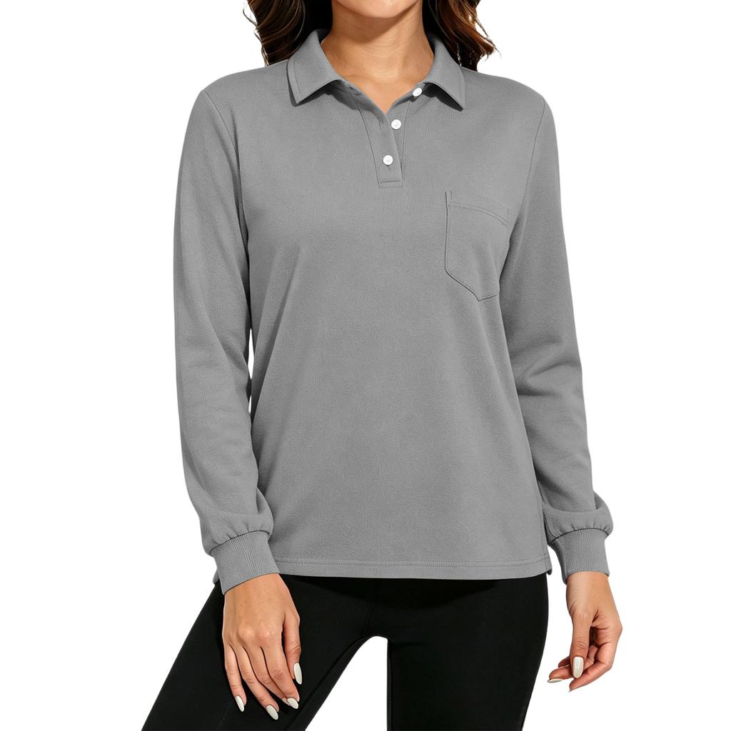 Women's Long Sleeve Button Down Color Blouse with Pockets and Side Slits Casual Collared Top
