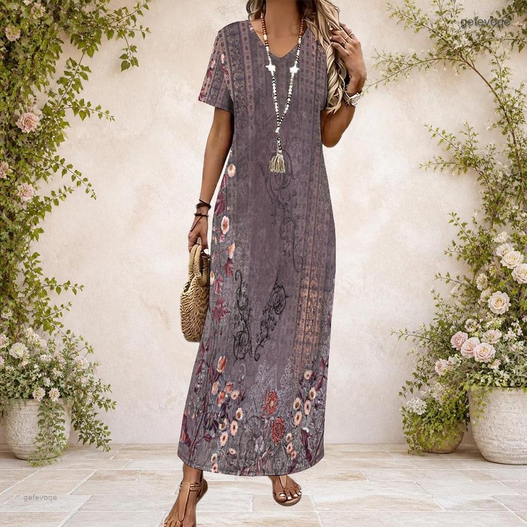 Women Plus Size V Neck Short Sleeve Printed Pink White Long Straight Dress