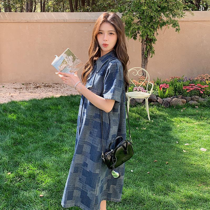 Women's Summer Short-Sleeve Denim Dress: Loose, Slimming, Belly-Covering, Medium-Length Shirt Style