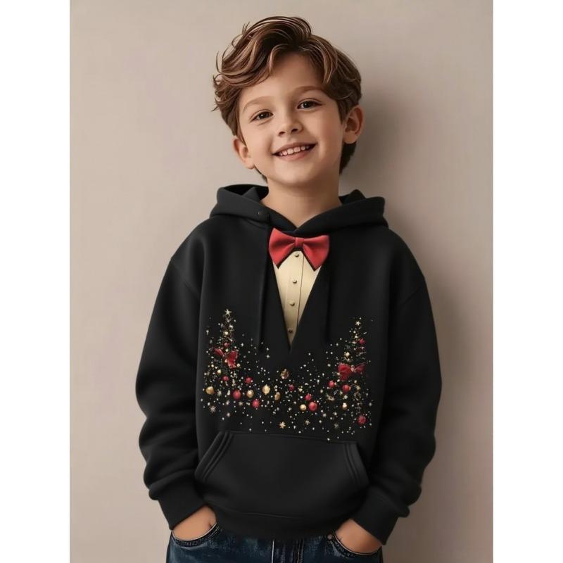 Christmas Tree Hoodies Snowflake Bow Tie 3D Print O-Neck Boys Girls Clothes Casual Christmas Party Sweatshirt Long Sleeve Tops