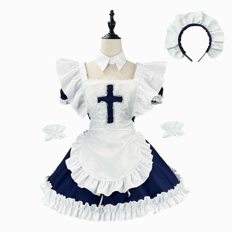 Cute Lolita Angel Maid Dress Cosplay Costume Sweet Girls Anime Maid Waiter Dress With Cross Ruffle Apron