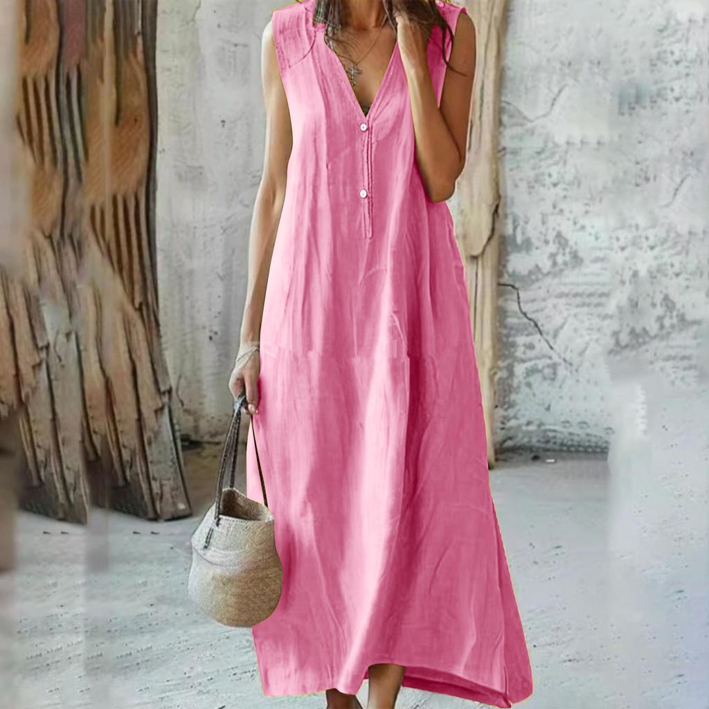 Women's Fashion V-Neck Sleeveless -Colour Casual Resort- Maxi Dress In Cotton-Linen Blend