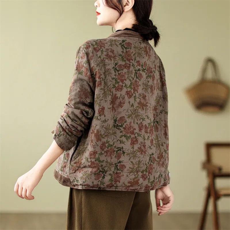 Coat for Women Cotton Thickened Winter Casual Double Layer Printed Single Button Windbreaker Jacket