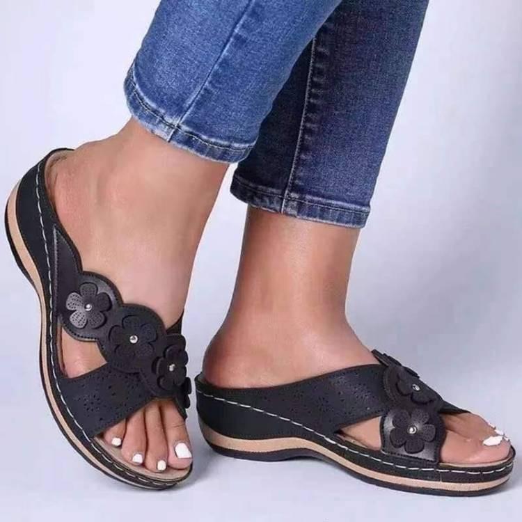 Übergröße Retro Blume Dekorative Keilsandaletten Flache Sohle Runde Zehenpartie Lässig Strand Damen Schuhe