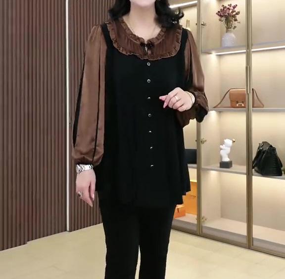 Spring Luxury Silk-Blend Frog Button Long Sleeve Plus Size Blouse for Mid-Aged Women
