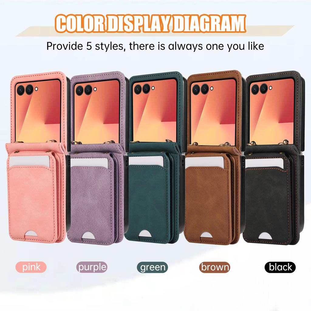 Leather Wallet Card Holder Case for Samsung Galaxy Z Flip 7 FE 6 5 4 3 ZFlip Flip6 Flip5 Flip4 Flip3 Crossbody Lanyard Bag Cover