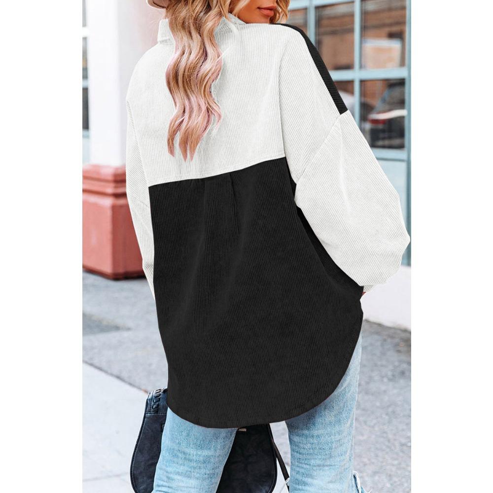 Women's Loose Casual Color Blocked Lapel Button Long Sleeved Shirt Top Long Sleeved Shirt