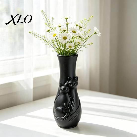 Modern Minimalist Home Decor Couple Cats Vase, Plastic Snuggling Cat Flower Vase for Home, Dried Arrangement Holder Desk, Shelf Decor, Tabletop Floral