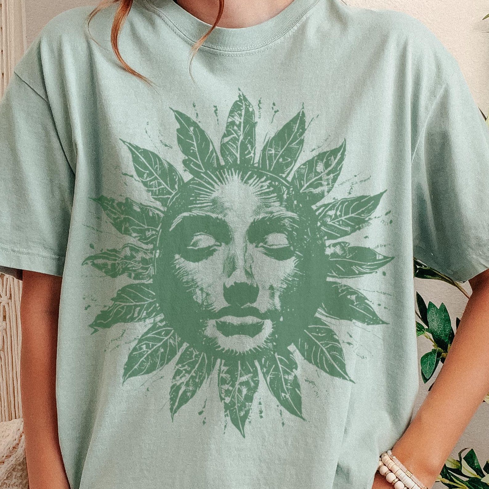 Boho Sun Face Botanical T-Shirt, Linocut Design Unisex Tee 100