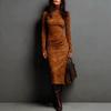 New Autumn Models, European and American Retro, Turtleneck Long Dress, Solid Color Waist Bottom Long-sleeved Dress