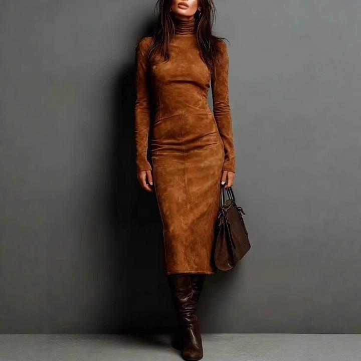 New Autumn Models, European and American Retro, Turtleneck Long Dress, Solid Color Waist Bottom Long-sleeved Dress