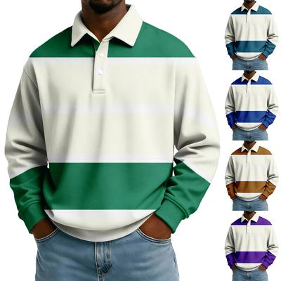 Men's Casual Loose Colorblock Print Lapel Button Long Sleeve Top