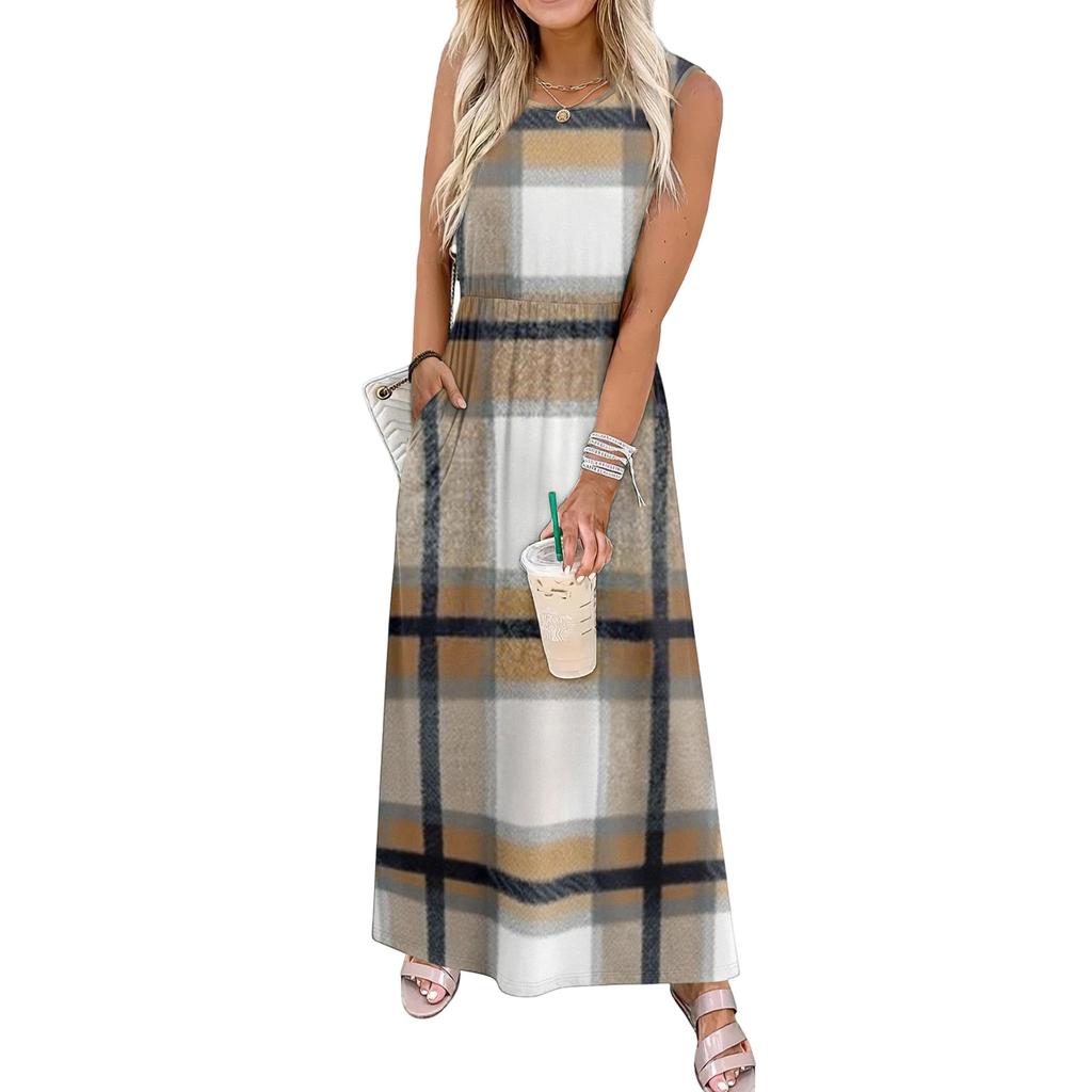 Ladies' Plaid Printed Casual and Fashionable Waist Cinched Sleeveless Dress