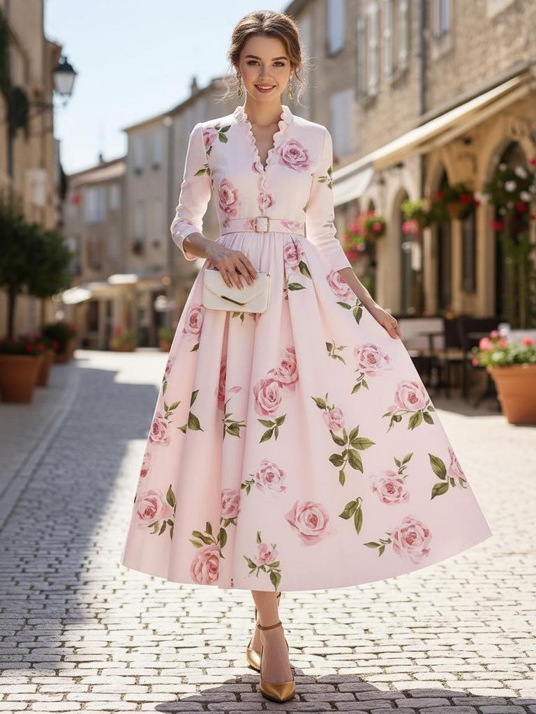 Artistic Retro V-Neck Waist-Cinching Long-Sleeve A-Line Women's Dress