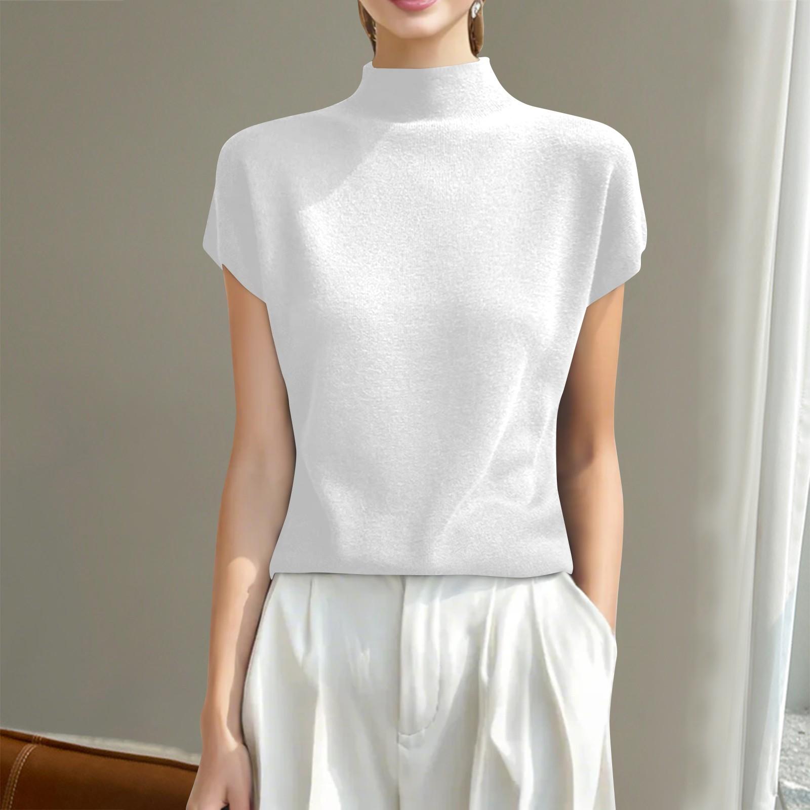 

Модная трикотажная футболка с коротким рукавом и полувысоким воротом для женщин XL белый