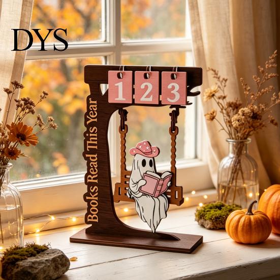 Unique Book Lover Gifts Wooden Tree Calendar Desk Ornament, Flippable Number Reading Goal Tracking Halloween Ghost Ornament Tabletop Decor,