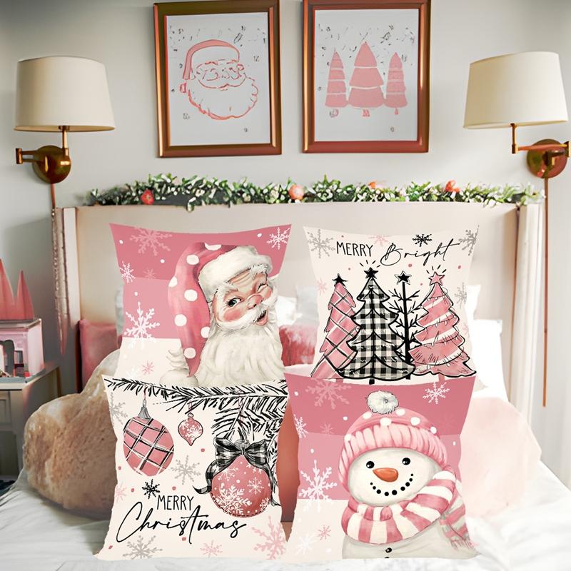 4pcs Pink Christmas Snowman Pillowcase Navidad Natal Noel Tree Cushion Cover Christmas Decorations For Home 2026 New Year 2026