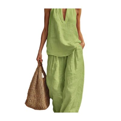 Women Halter Sleeveless 2 Piece Outfit V-Neck Top High Waist Casual Loose Pants Summer