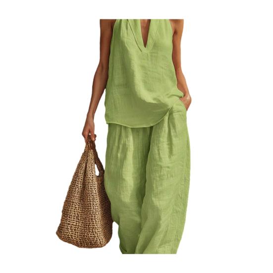 

Women Halter Sleeveless 2 Piece Outfit V-Neck Top High Waist Casual Loose Pants M жёлтый/зелёный