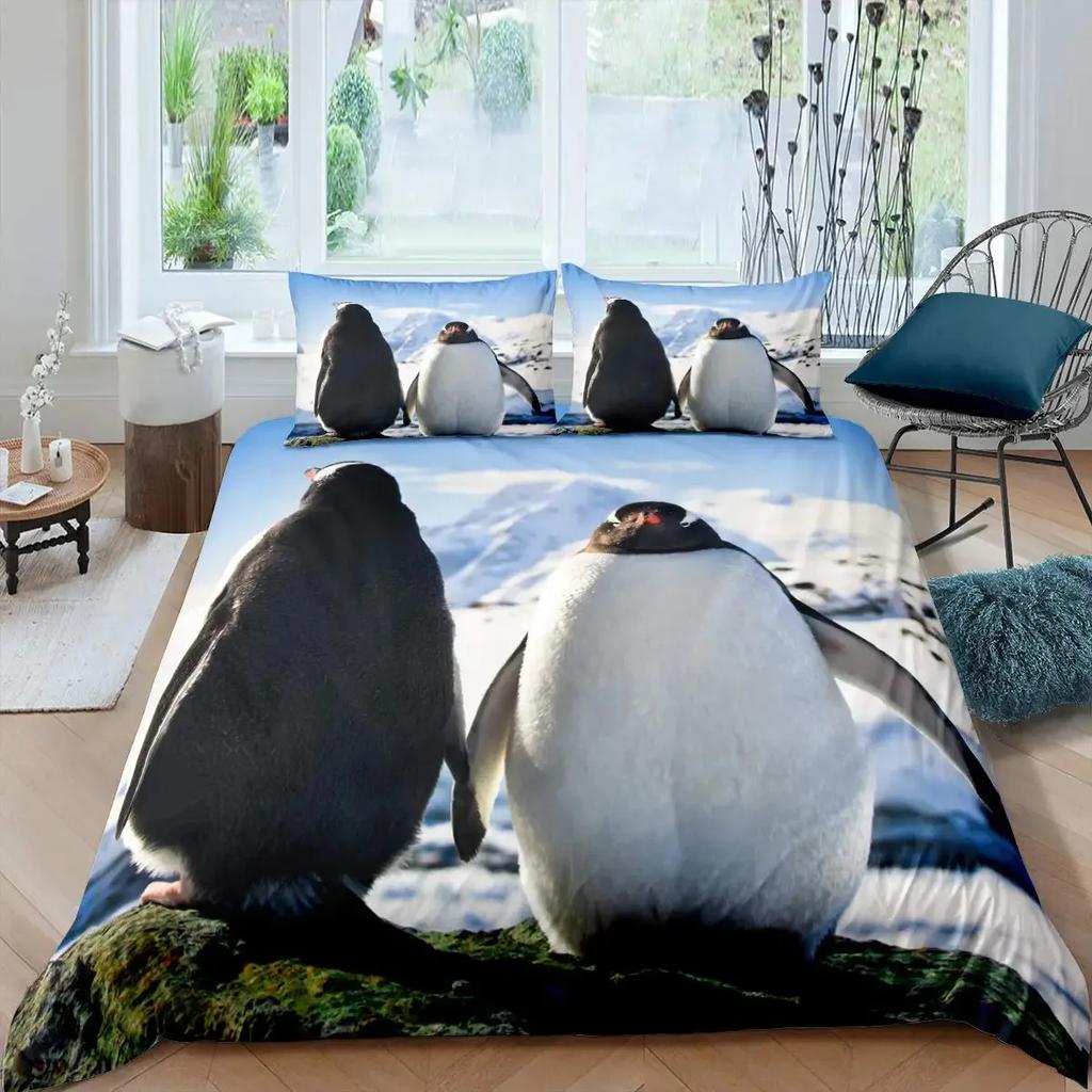 Penguin Duvet Cover Set Full Cute Animals Bedding Set Snow Decor Comforter Cover Set Cute Penguin Animal Quilt Cover Queen Size