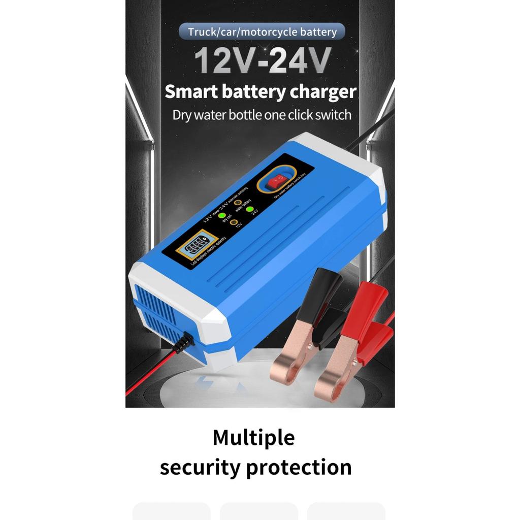 Batterieladegerät 10-Amp 12V & 24V Vollautomatisches Smart-Autobatterieladegerät mit Batterieerhalter, Erhaltungsladegerät und Batterie D