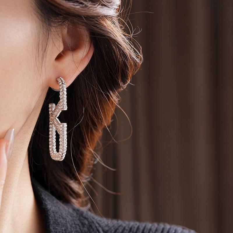 Silver Needle Diamond-Studded Letter Earrings - European & American Style, Exaggerated Cold Temperament, Stylish Luxury Studs