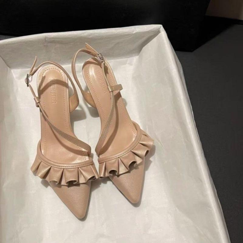 Fashion Mid Heels Women Sandals Pointed Toe Pleated Shoes Summer Buckle Slippers Designer Shallow Pumps 2025 New Fashion Dress Sandalias