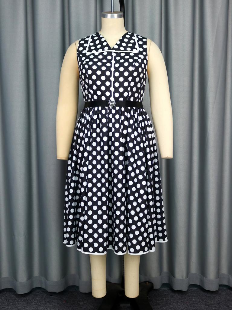 AOMEI Polka Dot Sleeveless A Line Dress Turn Down Collar Casual Going Out Outfits Elegant Summer Wedding Guest Dress for Women