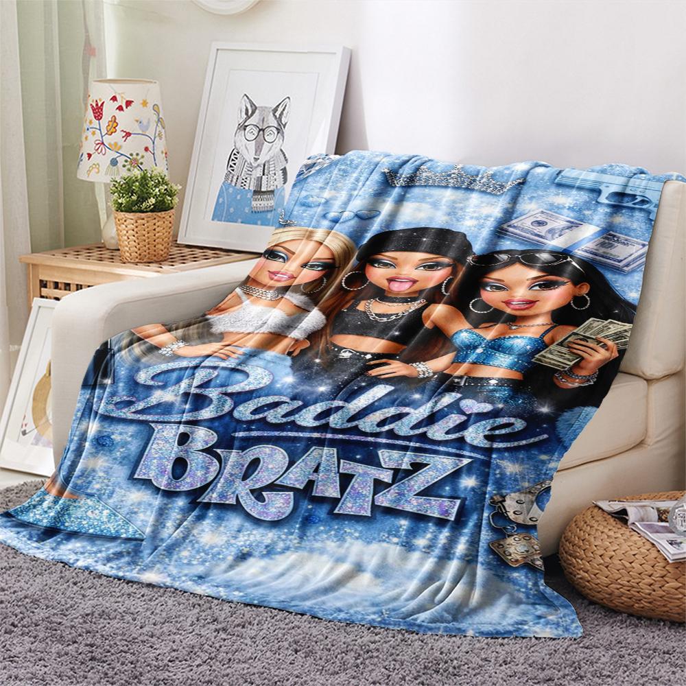 1Pc Bratz Doll Print Flannel Blanket, High quality Comfortable for All Seasons, Home Decor, Warmth and Comfort, Perfect for Gifts