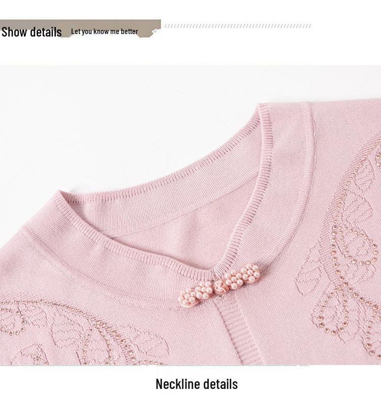 Mom's Summer Chinese Knitted T-shirt: Short Sleeve Ice Silk Top & Two-Piece Set for Middle-Aged Women