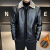 Mens Fleece-Lined Thickened Faux Leather Jacket Warm Winter Coat Middle-Aged Men Loose Fit Stand Collar Zipper Front