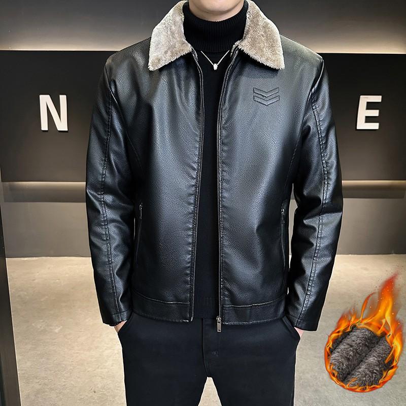 Mens Fleece-Lined Thickened Faux Leather Jacket Warm Winter Coat Middle-Aged Men Loose Fit Stand Collar Zipper Front