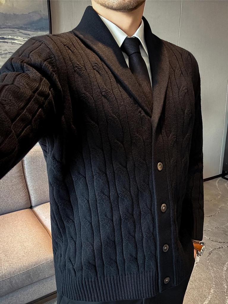 Men's High-End Cable Knit Cardigan Sweater - Light Luxury Old Money Style for Autumn and Winter.