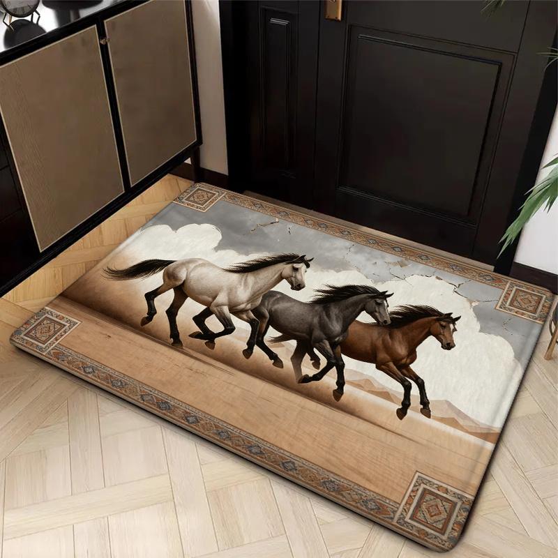 A 1pc Non-Slip Welcome Door Mat That Is Soft And Comfortable for Home Use, Machine Washable with Low Pile! The Image Features Three Galloping Horses i