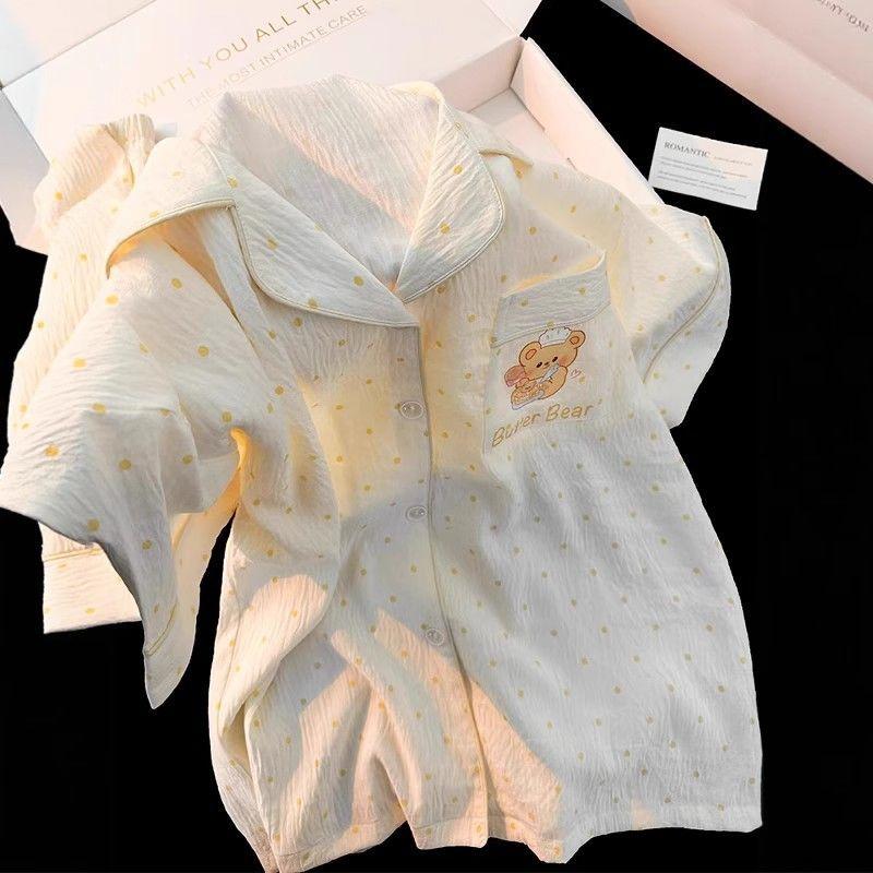 

Sweet polka dot pocket bear pajamas women s short-sleeved shorts set soft cute princess style summer can wear loungewear S