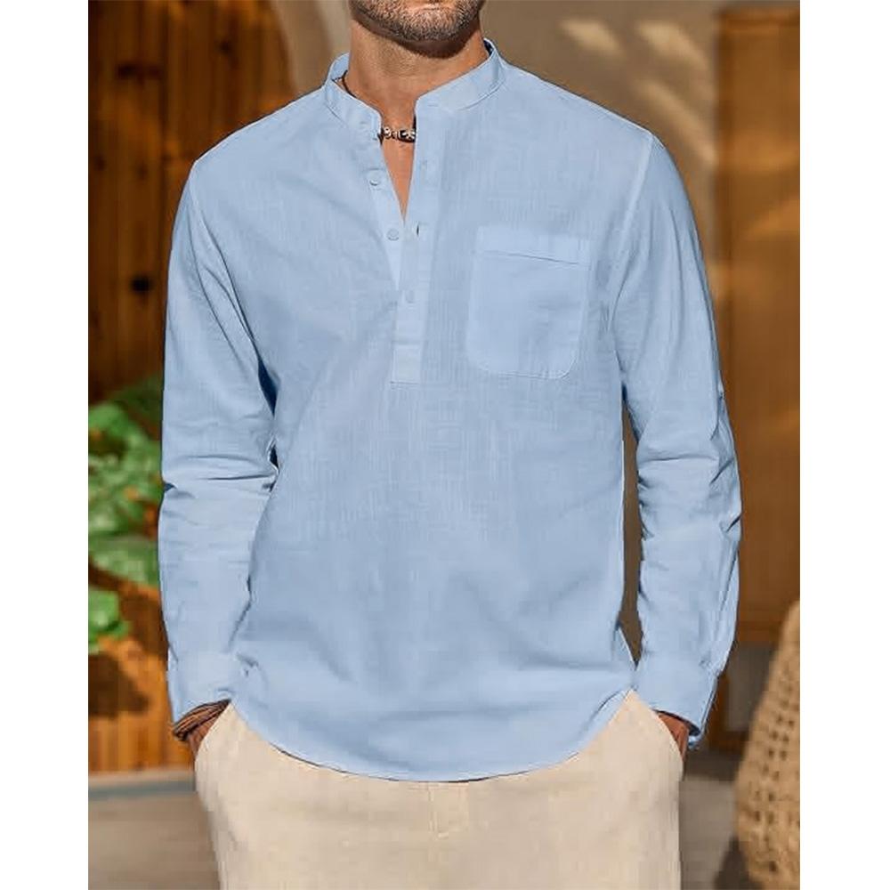 Camicie in cotone e lino per uomo, camicia casual, leggera, a maniche lunghe, con colletto Henley, da spiaggia, maglietta hawaiana da uomo