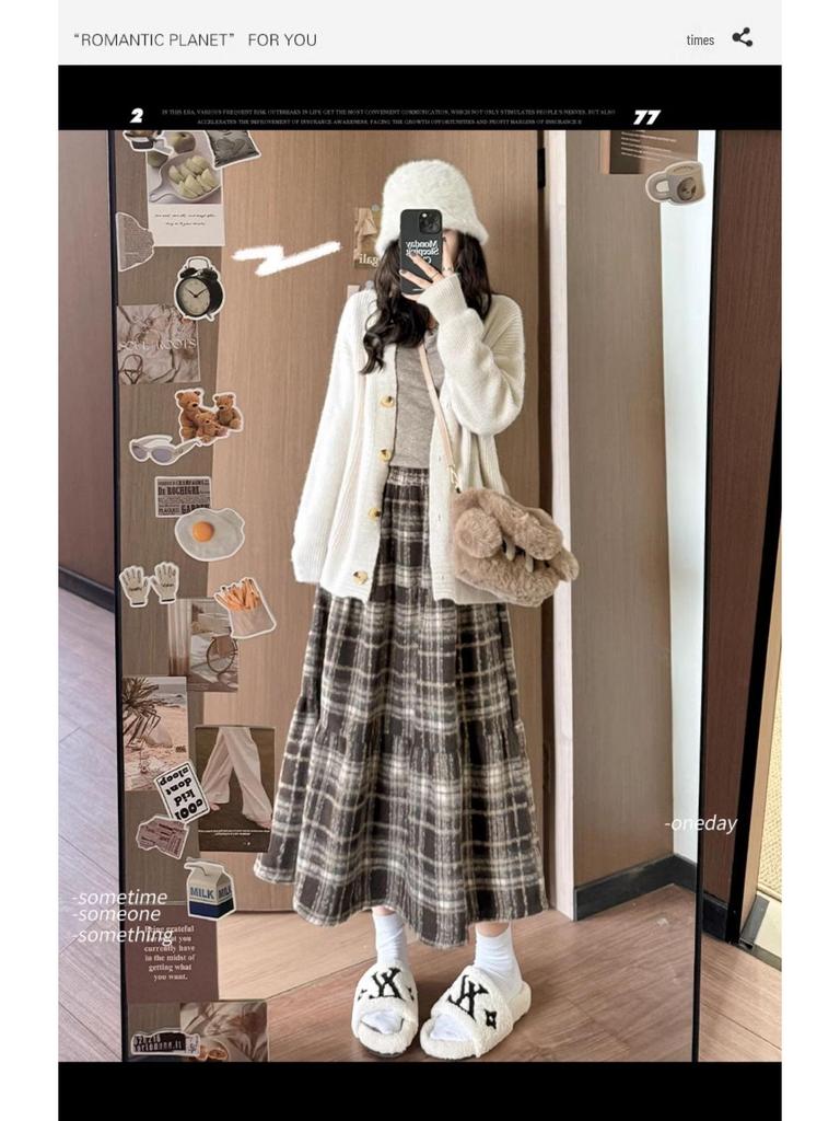 Vintage Plaid Wool A-line Skirt for Women - High Waist, Mid-Length, Autumn/Winter 2025 Collection