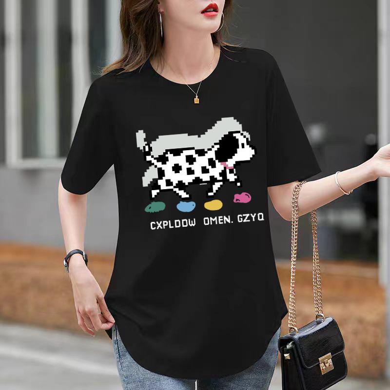 Ny Sommarvit Mellångd Böjd Kortärmad T-shirt för Dam Nisch Tecknad Tryckt Lös Topp