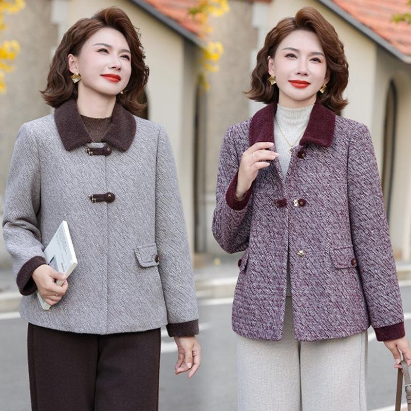 Winter Plush and Thickened Woolen Coat Medium Old Mother Outfit Simple and Versatile Loose Lapel Woolen Top Cardigan
