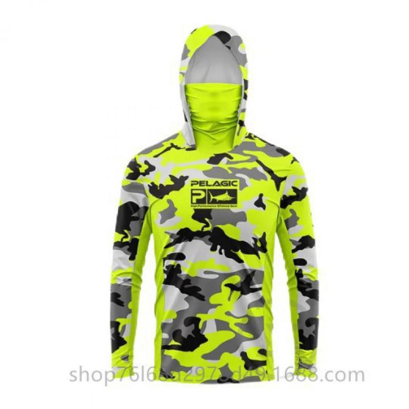 Mens Quick-Dry Ice Silk Long Sleeve Fishing Shirt UPF50 Sun Protection Hooded Tee With Integrated Face Cover