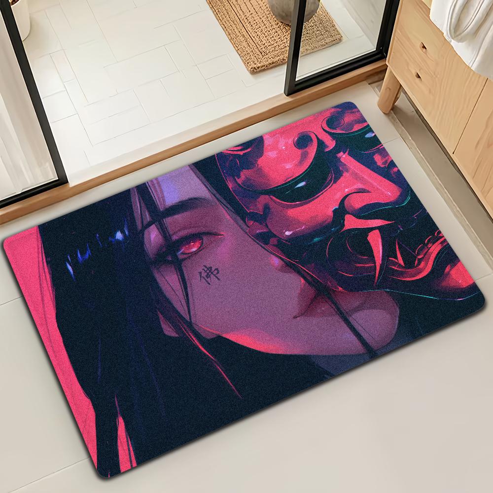 Japanese Samurai Oni Mask Girl Door Mat Bath Microfiber Decorative Versatile Flannel Floor Mat Quick Dry Absorbent Non-slip Sole
