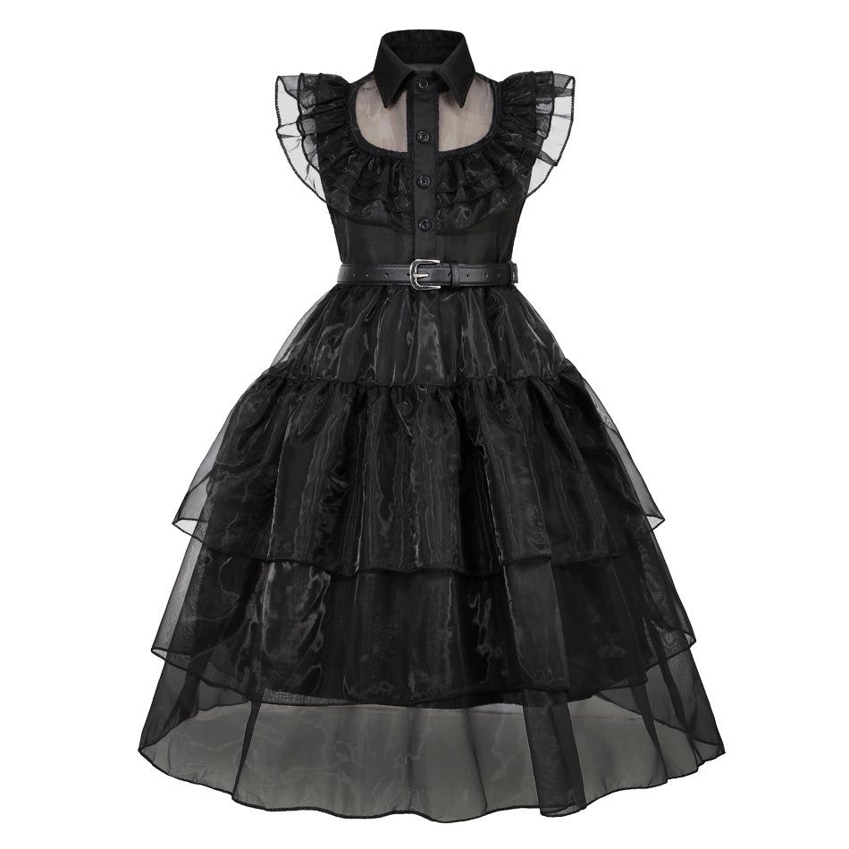 Abito da sera in rete da ragazza per cosplay della Famiglia Addams di Mercoledì con accessori (Taglia unica)