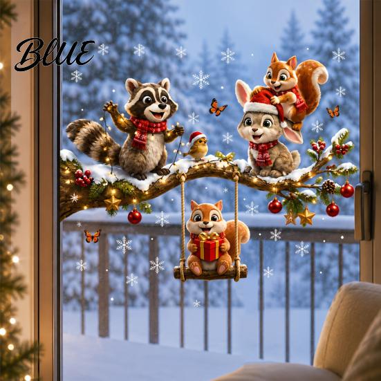 Kids Room Window Ornaments Christmas Animals Clings Raccoon Squirrel Rabbit and Bird on Branch Static Glass Stickers for Decals Bedroom Living