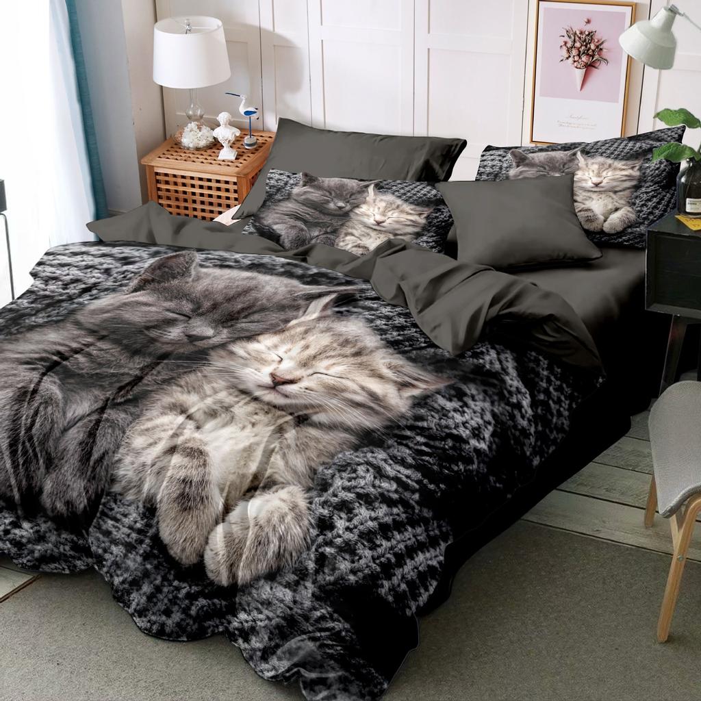 Cute Cat Duvet Cover Bedding Three-Piece Set 3D Animal Digital Printing Quilt Cover