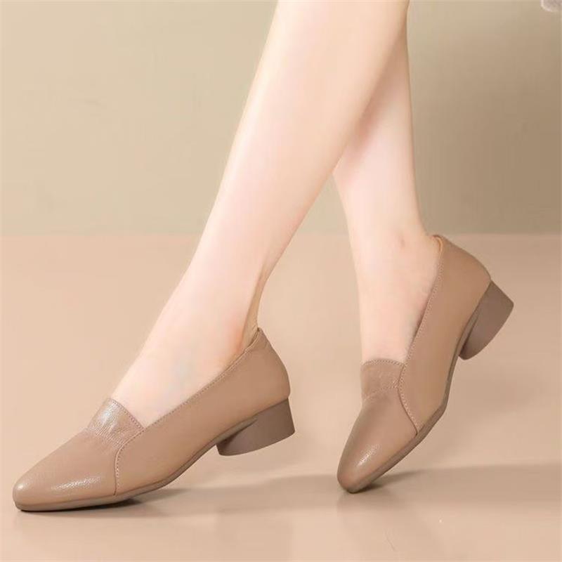 Women's Soft Leather Chunky Heel Shoes - Versatile Mom Fashion for Spring/Summer