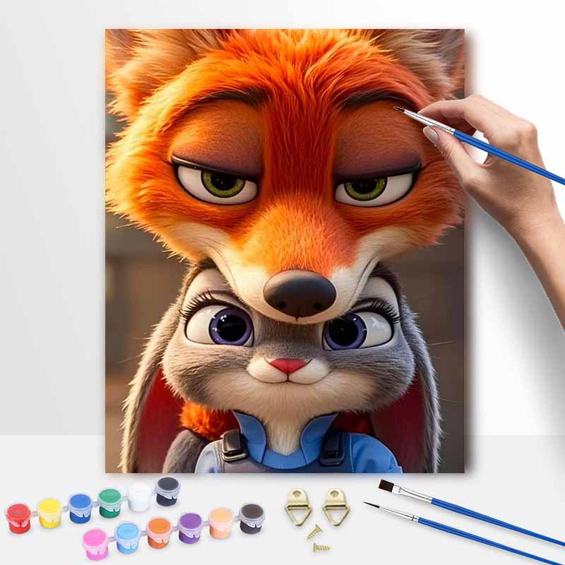 Disney Oil Painting DIY Digital Painting Nick and Judy Fox Rabbit HandPainted Wall Art for Living Room or Entryway.
