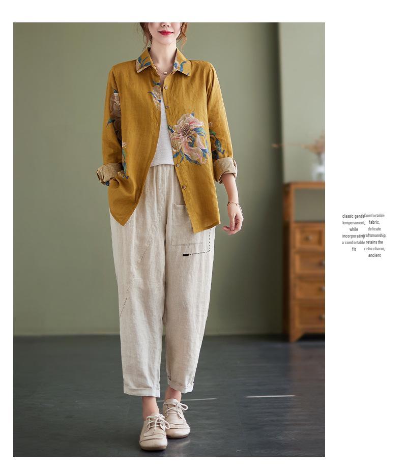 Women's Retro Floral Cotton Linen Shirt - Plus Size, Loose Fit, Long Sleeve, Spring/Autumn