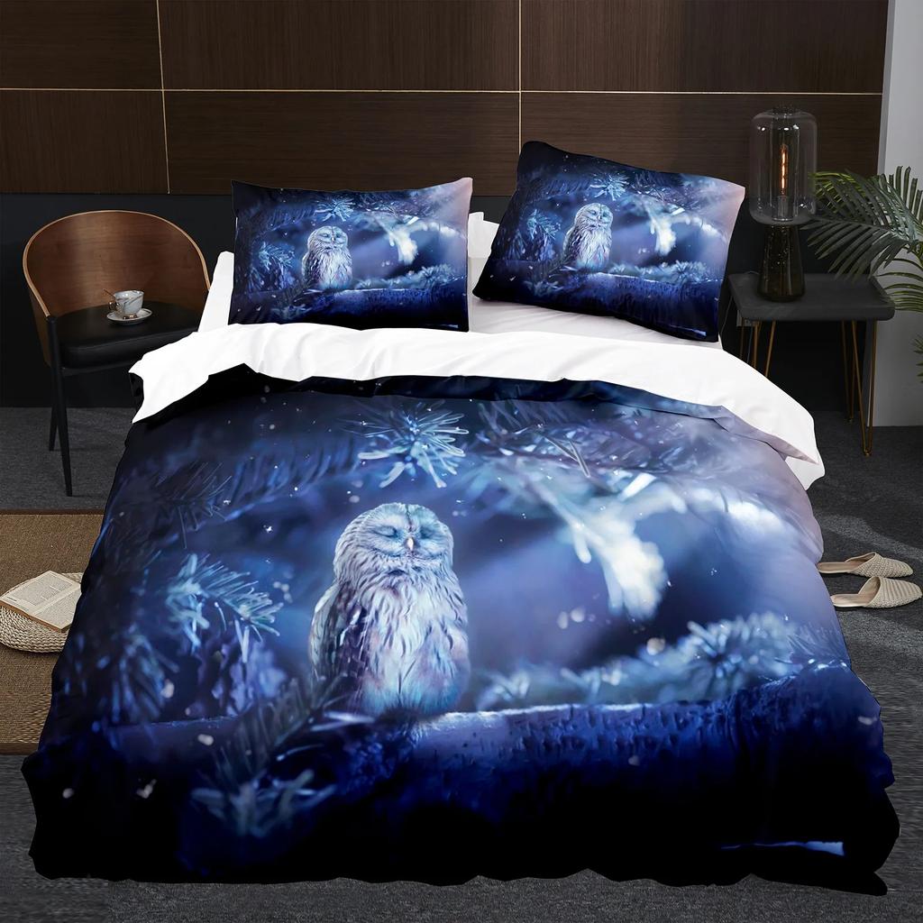 Owl Duvet Cover Set 3D Safari Wildlife Print Comforter Cover Bird Animal Personalized Nighthawk Queen Size Polyester Quilt Cover